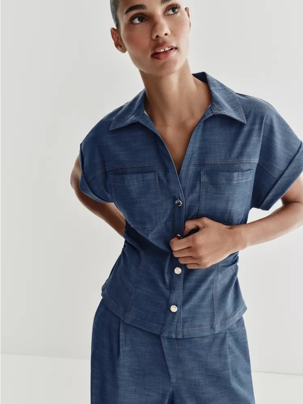 Zara Denim-Style Blue Short Sleeve Button-Front Shirt